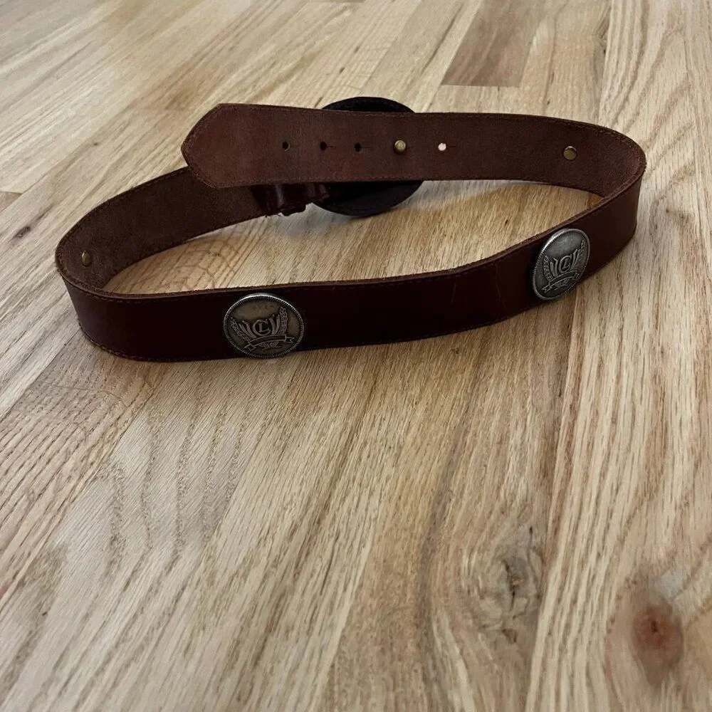 vtg leather belt Liz Claiborne logo silver studded western rodeo small wide band